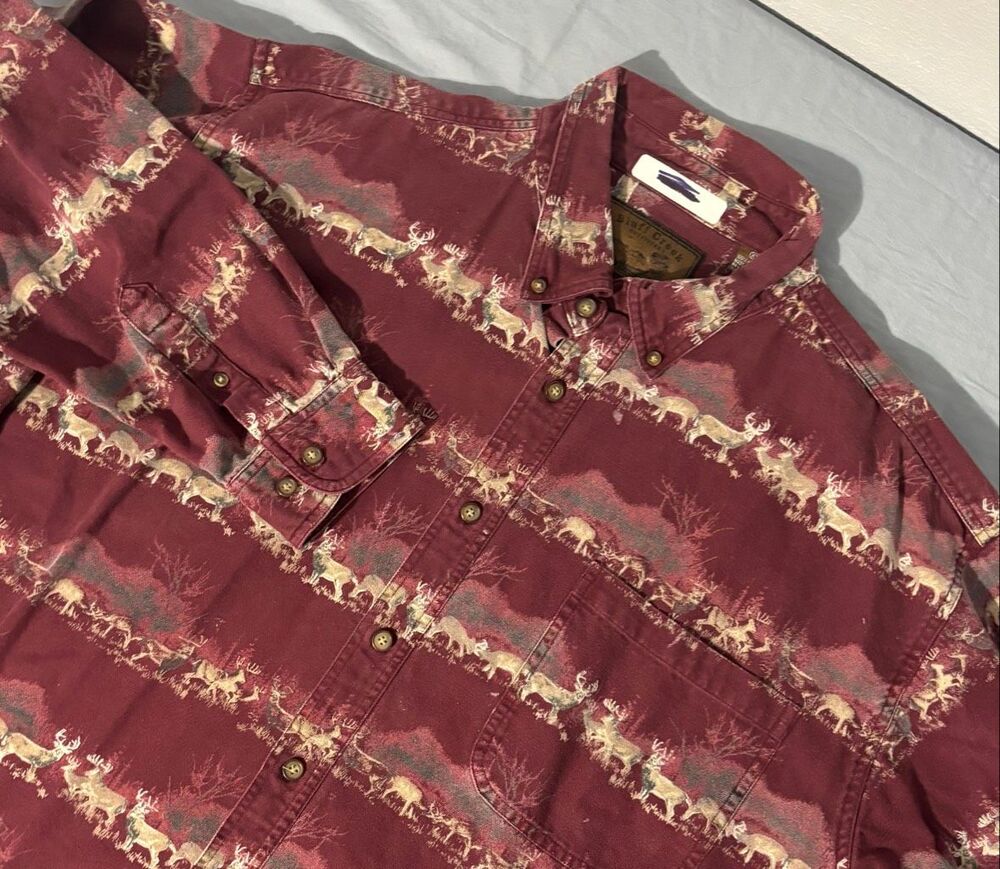 Bluff Creek Outfitters Men's 2XL Deer Hunting Flannel Shirt Vintage Red FLAWS